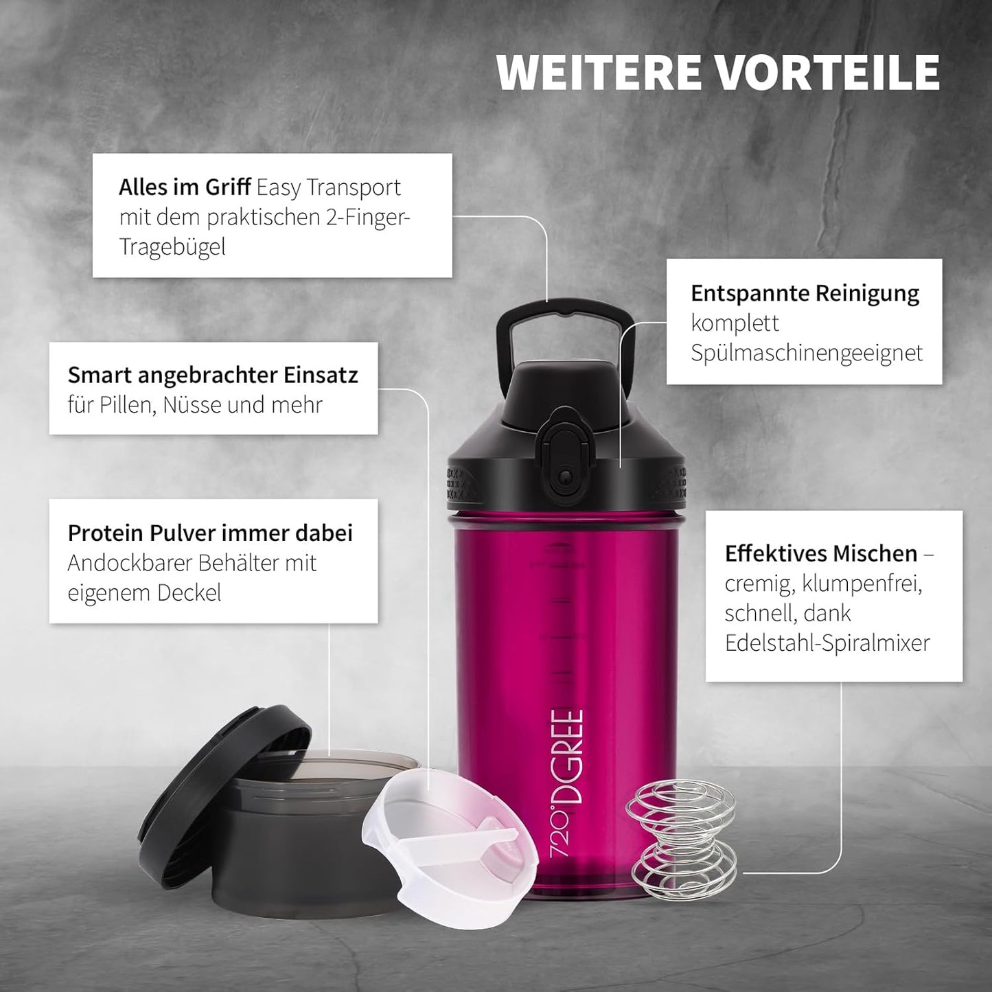 Protein Shaker mit Pulverfach und Spiralmixer, Fuchsia Pink - Pink inkl. Container