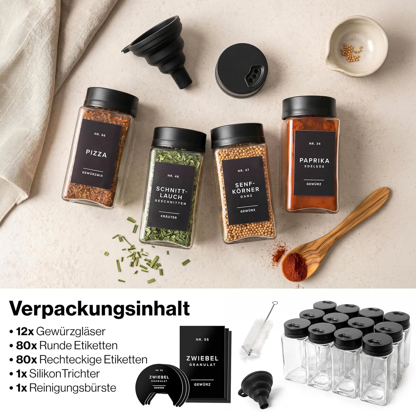 Gewürzgläser-Set mit verstellbarem Deckel, 12x200ml Verstellbare Deckel Schwarz