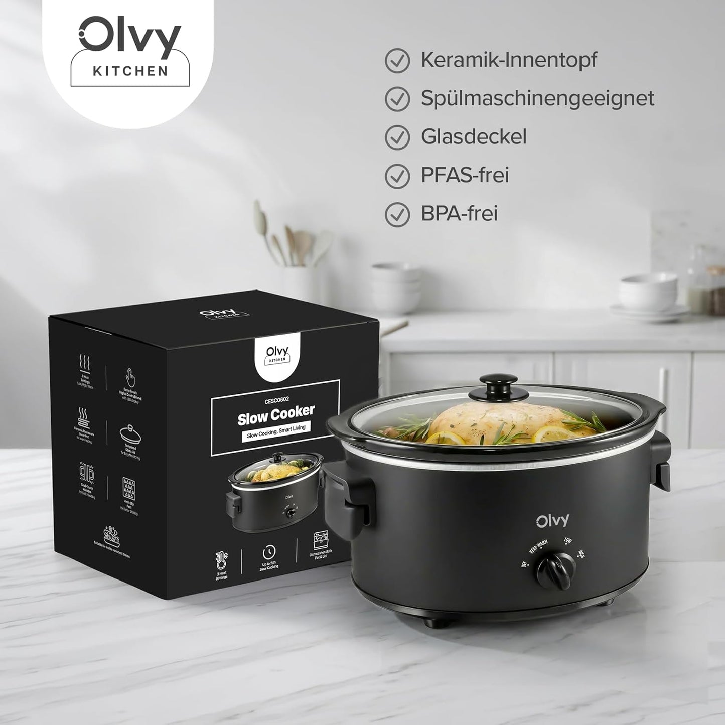 Slow Cooker 6L mit Keramik-Innentopf und 3 Stufen