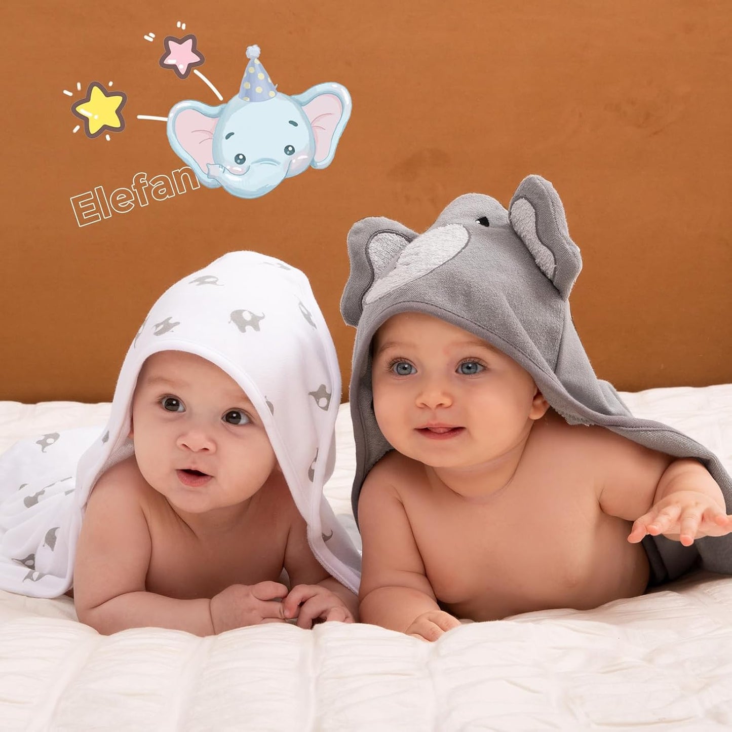 8-teiliges Baby Badetuch-Set mit Kapuze und Elefantmotiv, Grau