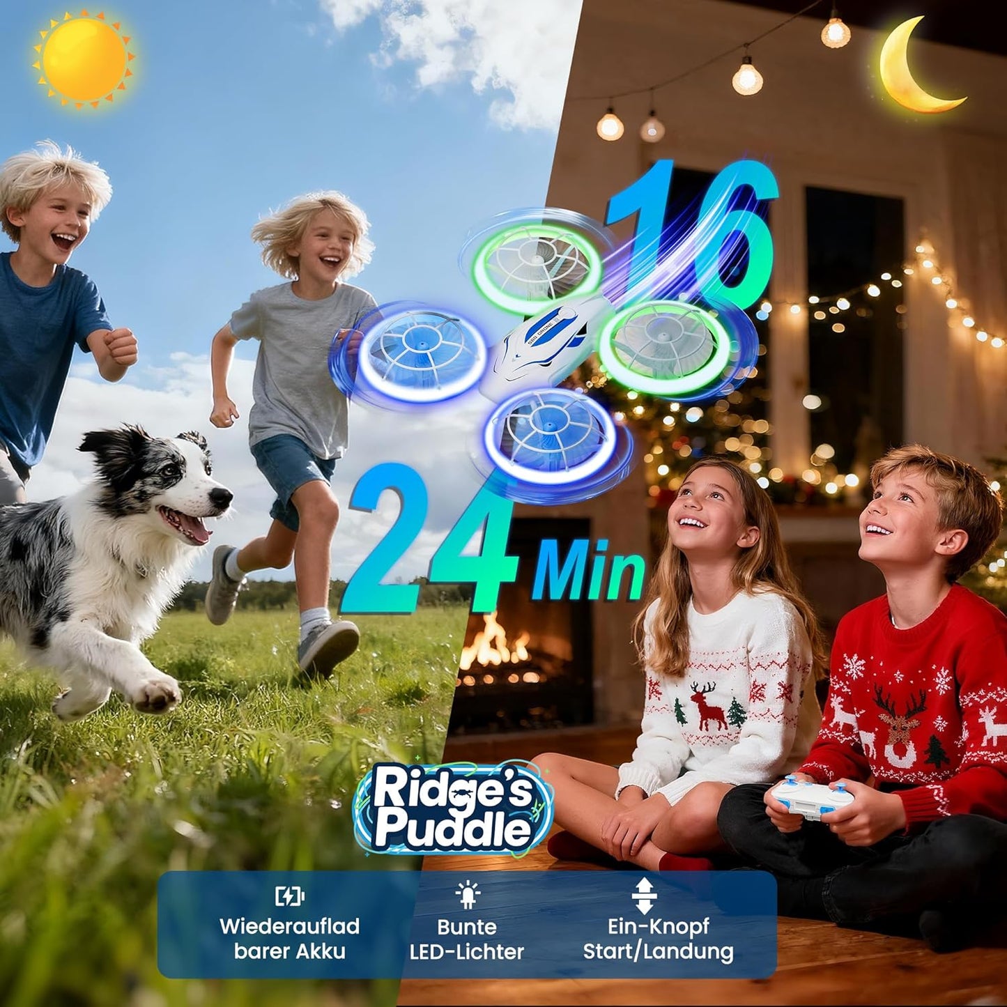 Mini-Drohne mit LED-Lichtern für Kinder, ab 6 Jahren, Mit 2 Akkus Weiß