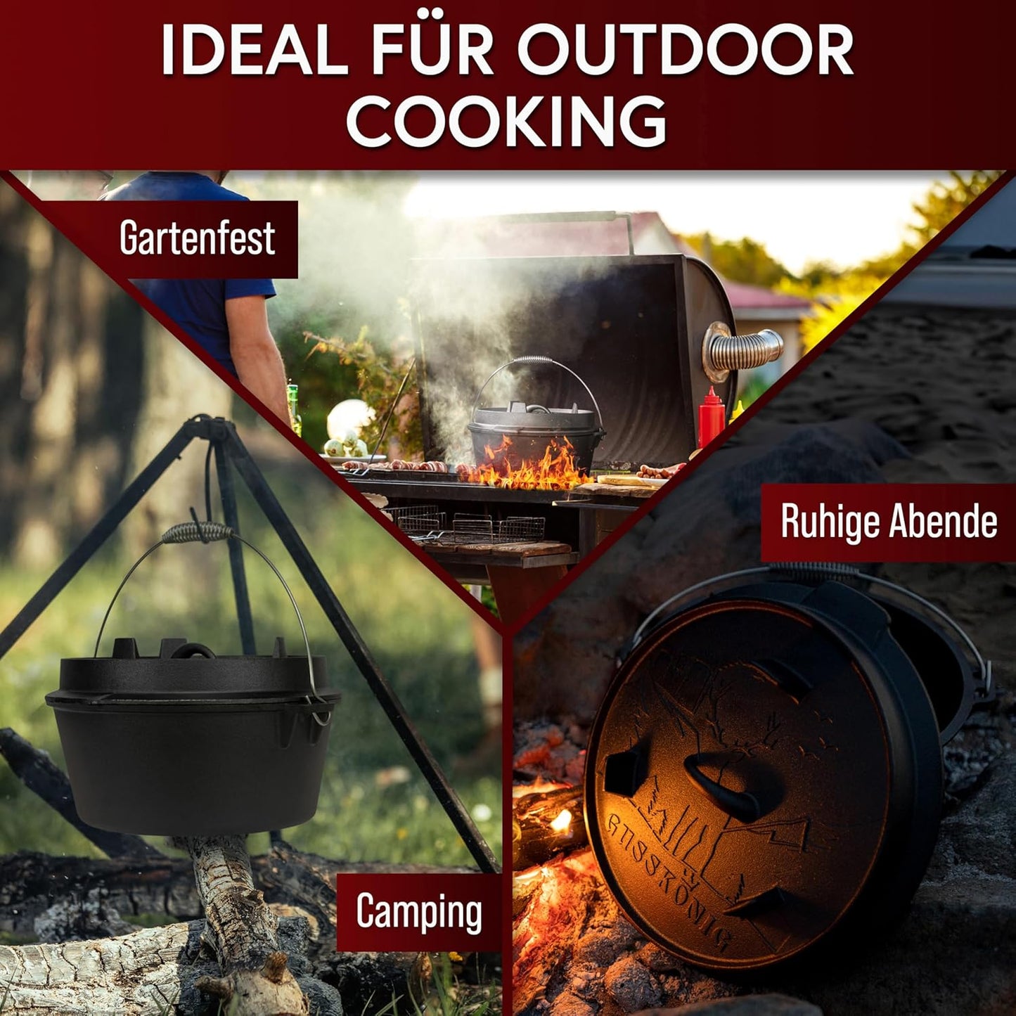 Dutch Oven Set mit Deckelheber und Untersetzer, Topf ohne Fuss 7 Liter