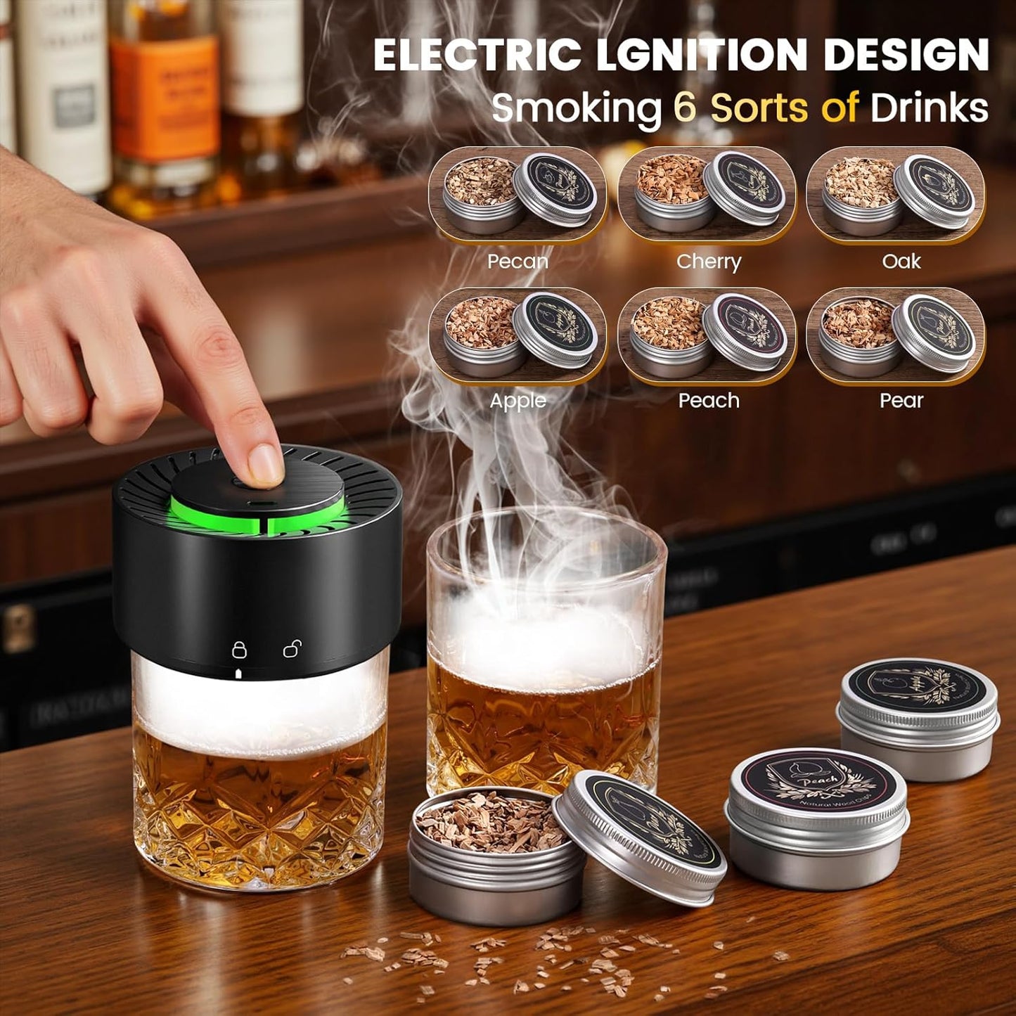 Elektrisches Whiskey-Räucherset mit Gläsern und Holzspänen, Electric Smoker & 2 Glasses