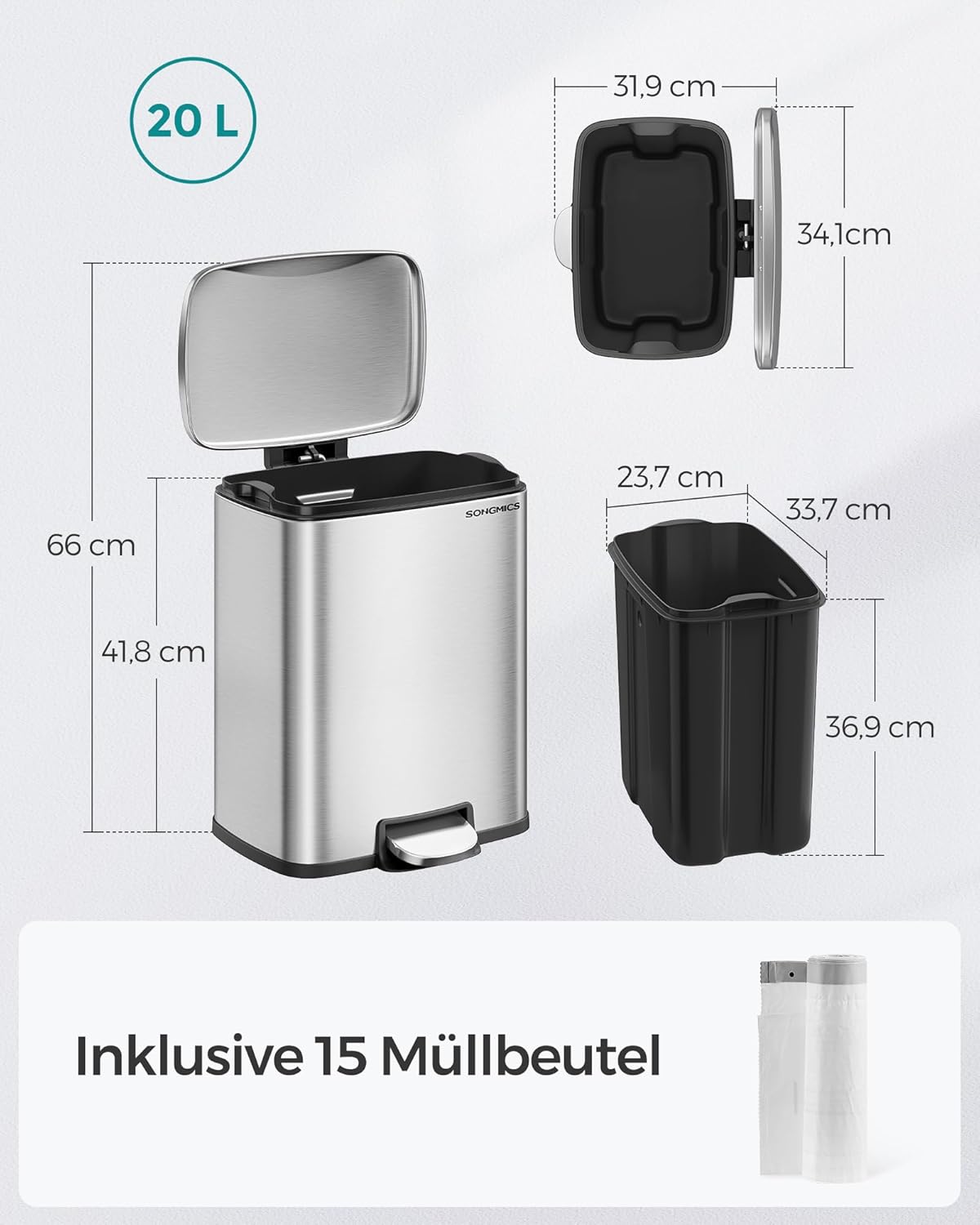 Tretmülleimer mit Softclose und Inneneimer, LTB543E01, Treteimer aus Stahl 20L silbern
