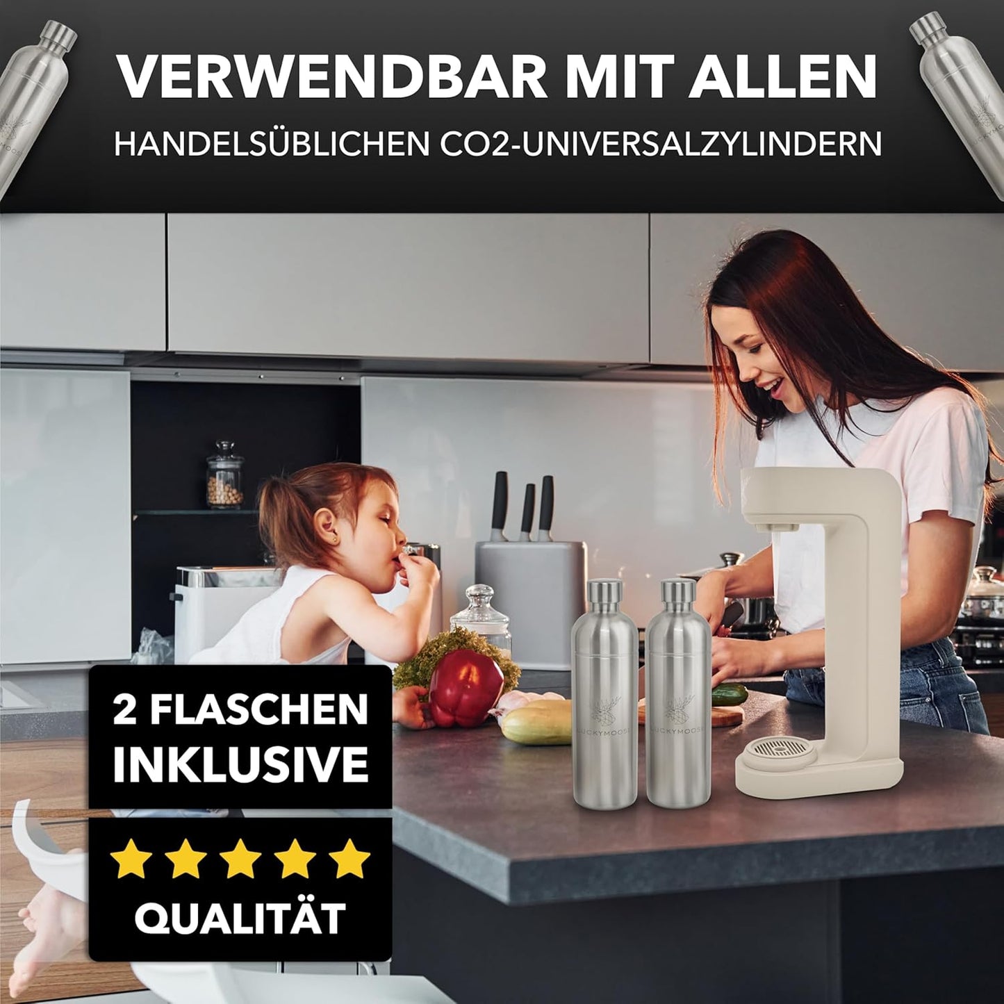 Infinity Wassersprudler mit Edelstahlflaschen, Sand - 2x Silber