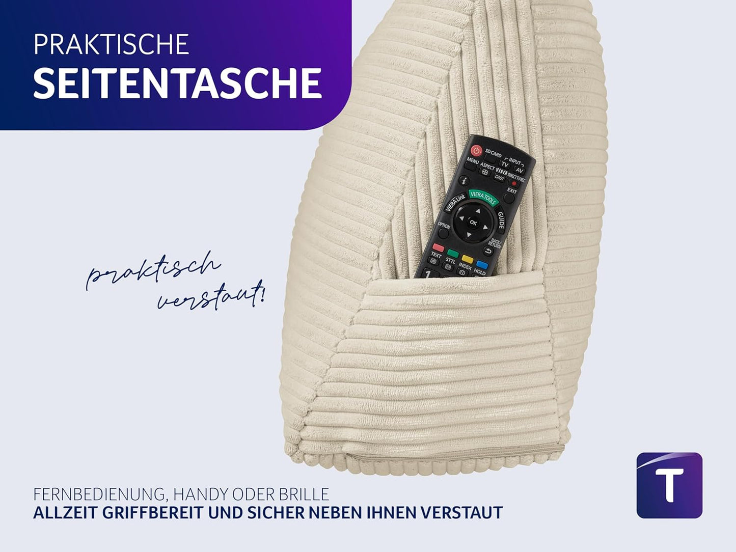 Cozy Rückenkissen mit abnehmbarem Bezug und Seitentasche, Beige Kord (100% Polyester)
