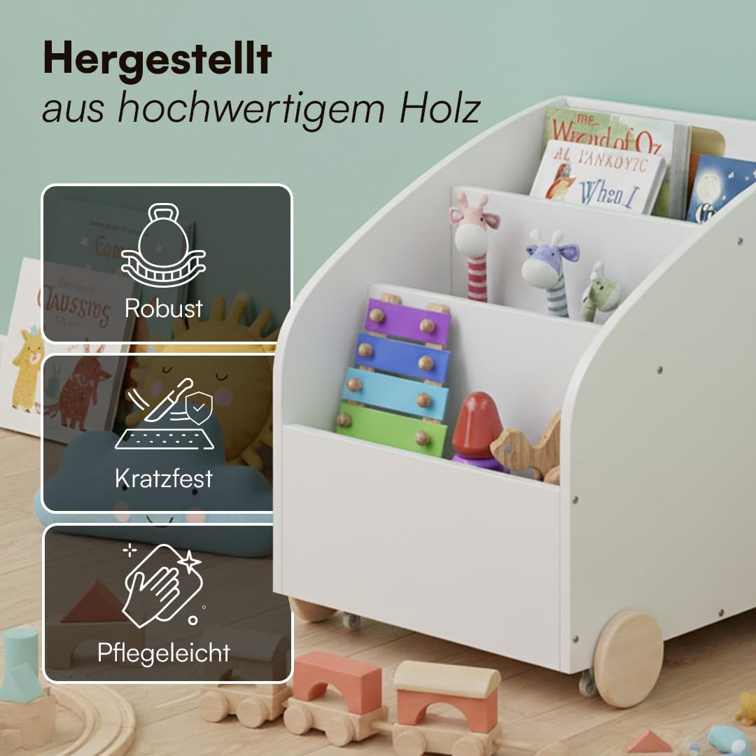 Towy Kinder Bücherregal mit Rollen und Geheimfach, Weiß