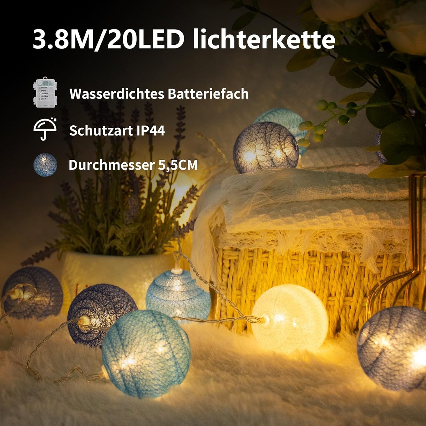 Lichterkette mit 20 LED Cotton Balls (3,8 m), Batteriebetrieben Weiß