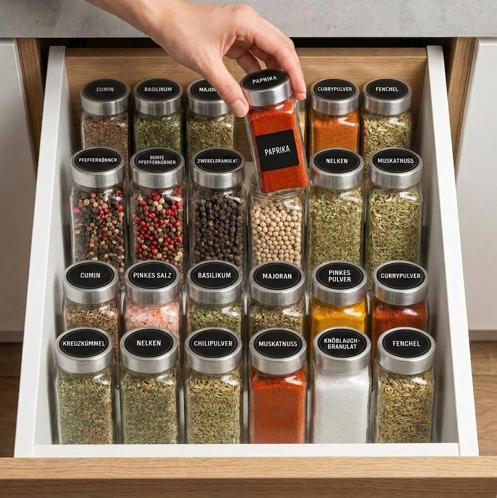 Gewürzgläser-Set mit Etiketten, 25 Stück, Edelstahl Lid