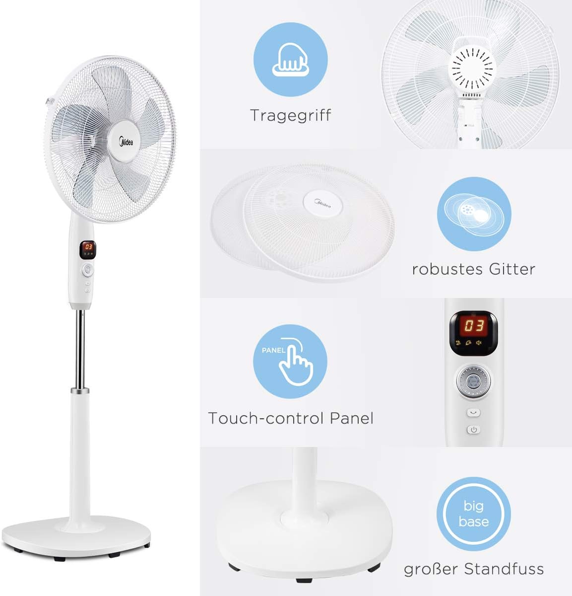Leiser Standventilator FS40-16CR, 5 Flügelblätter, LED-Anzeige