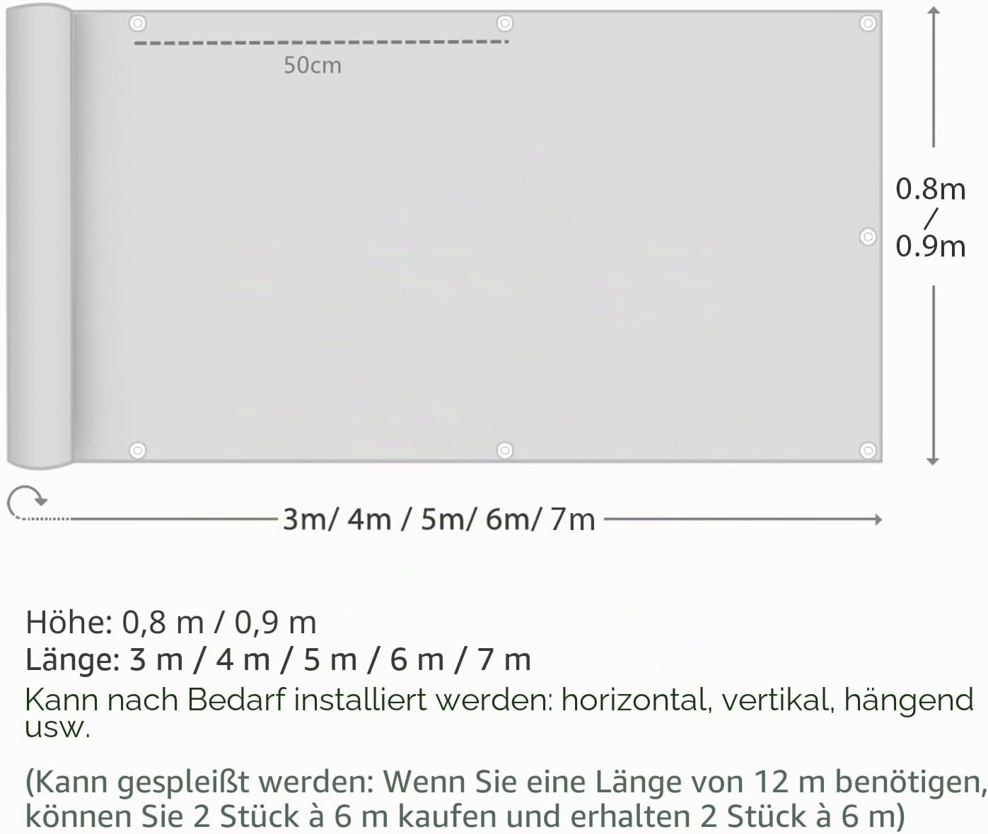 Balkonsichtschutz mit Zubehör, 0.8x6m (mit Kabelbindern & Kordeln) Taupe