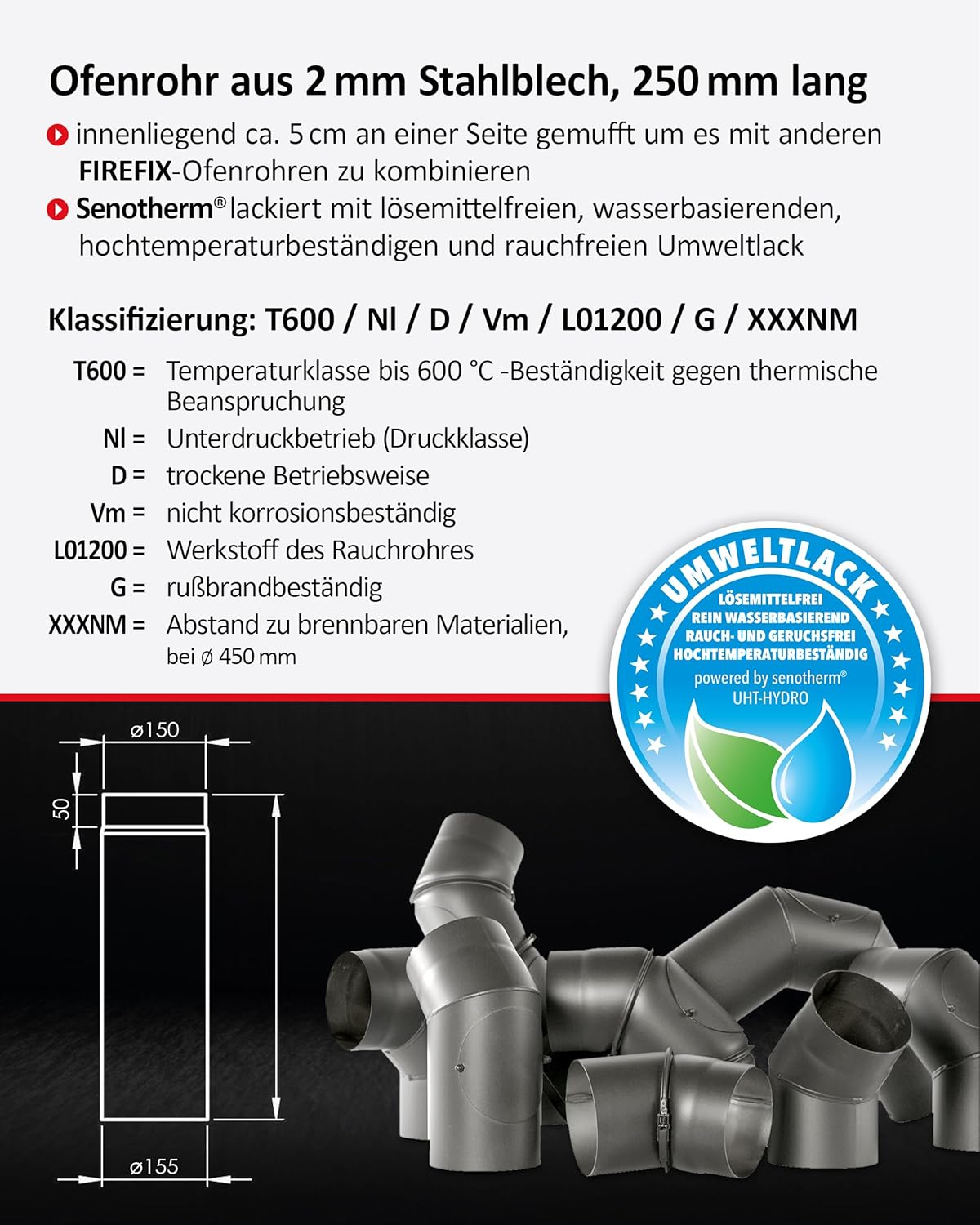 R150/2 Ofenrohr, Schwarz