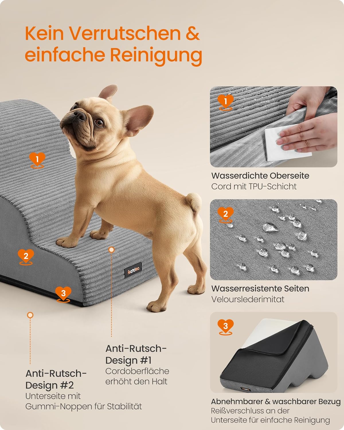 Haustiertreppe mit 3 Stufen, rutschfest und waschbar, 3 Stufen (57T cm)