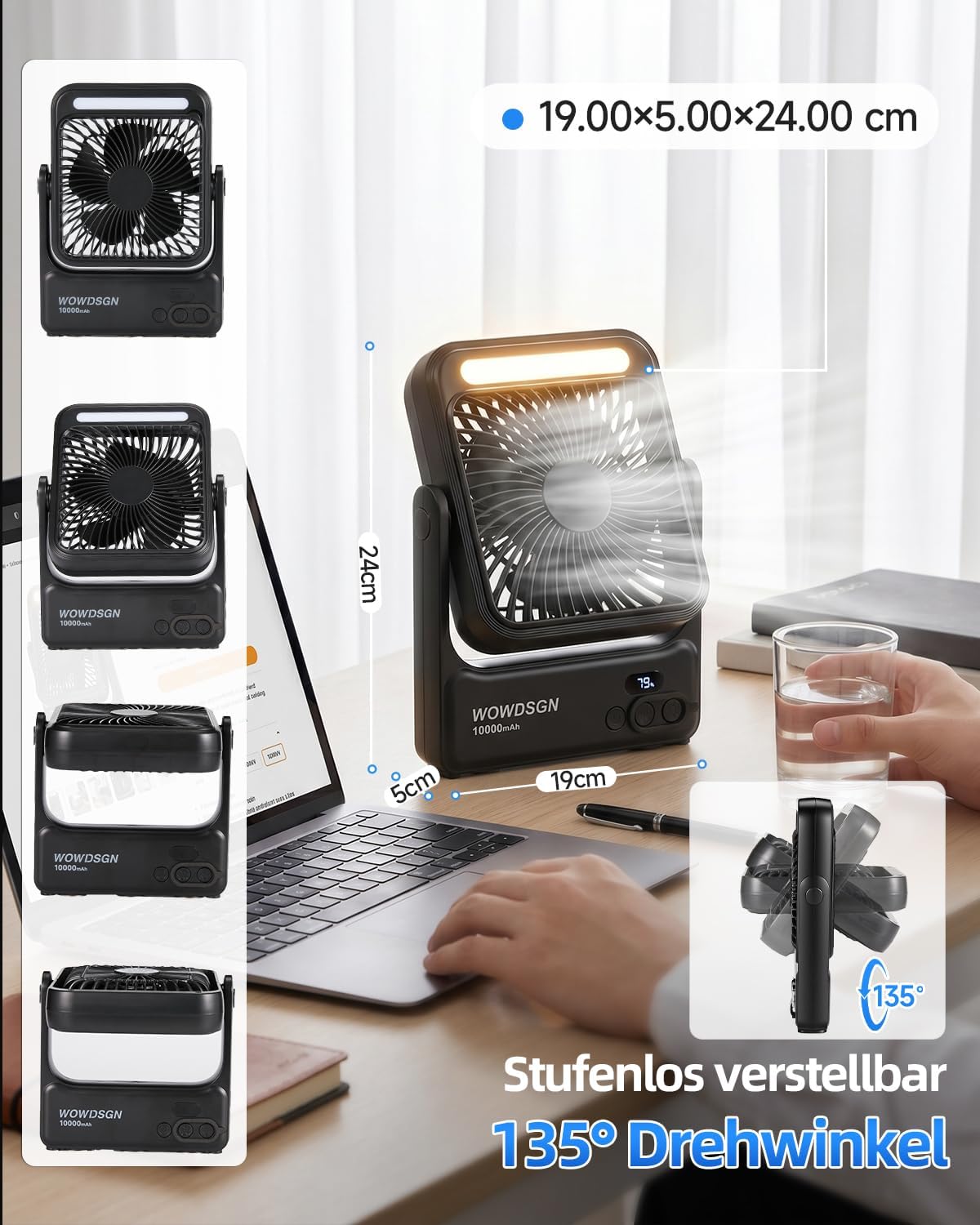 Akku-Tischventilator YH-F151 mit LED & Powerbank-Funktion, L