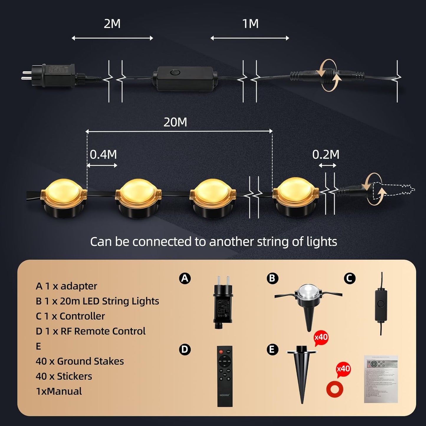 LED Lichterkette Aussen, 20m, dimmbar, IP67, 6 Modi, 20 Meter Lichterkette Aussen