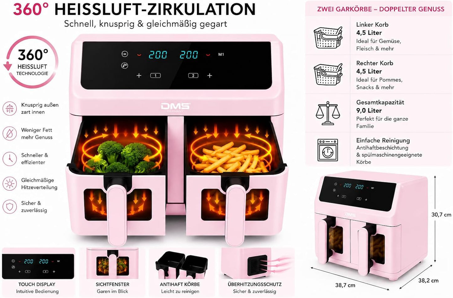 HF-9 Doppelkammer Heissluftfritteuse 9L, Digital Air Fryer, Rosa