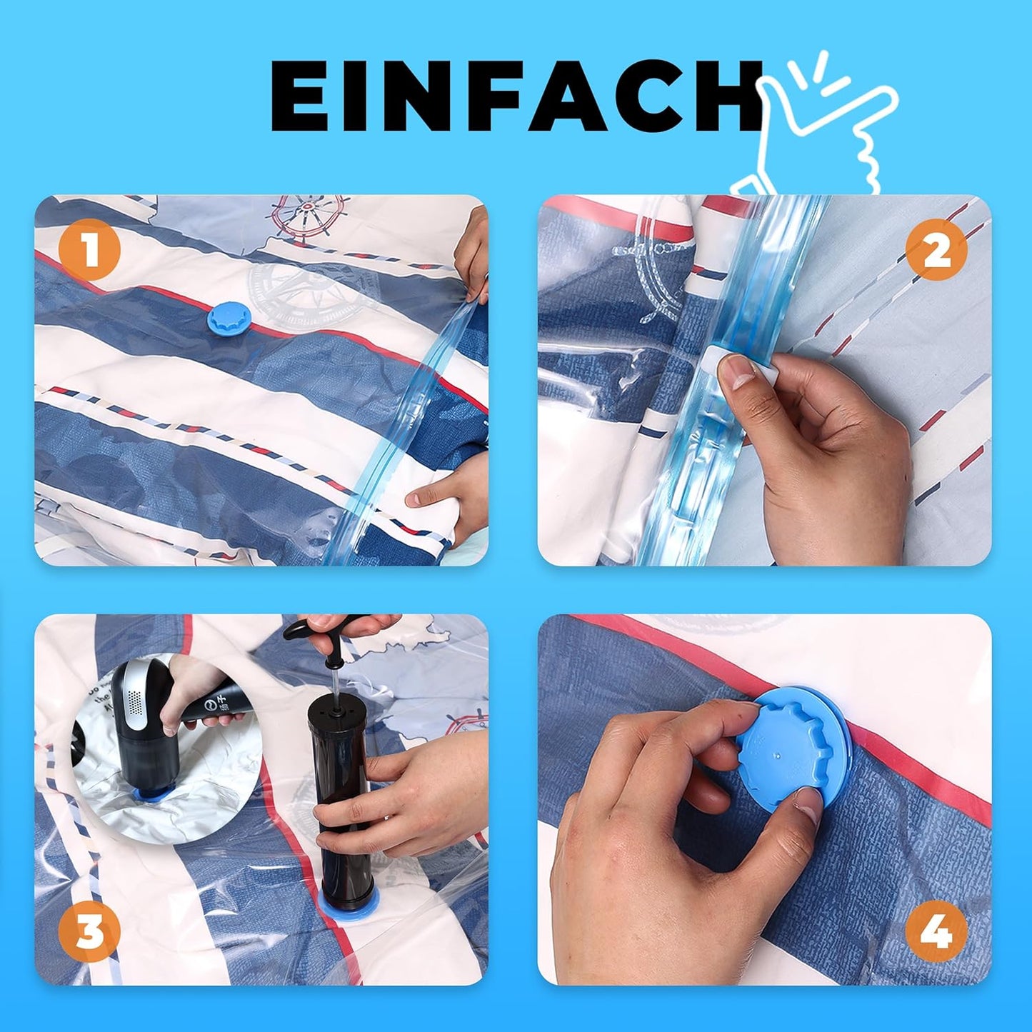 6-teiliges Vakuumbeutel-Set, 100x80 cm, für Kleidung mit Etiketten und Handpumpe, 100x80cm - XXL (100µ) mit Pumpe 6
