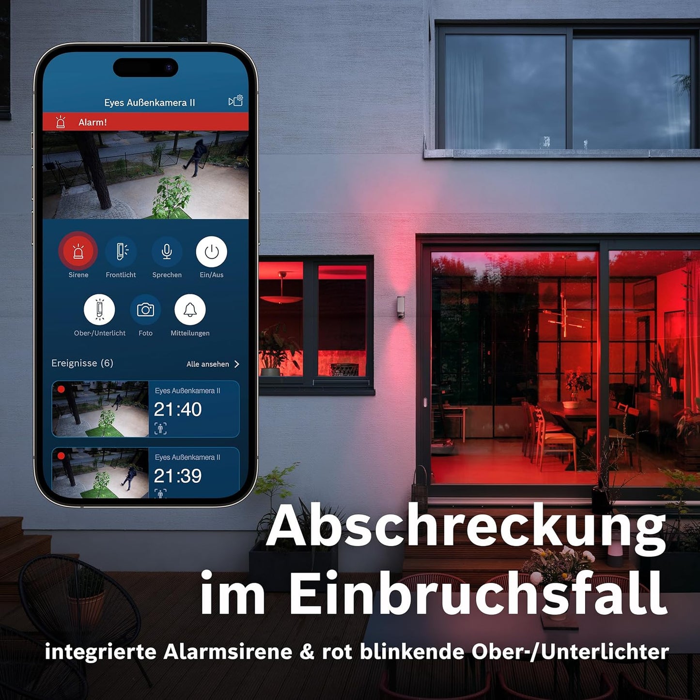 Bewegungsmelder-Kamera mit 1080p, Sirene, Alexa-Kompatibilität und Designleuchte, Aussenkamera II Anthrazit