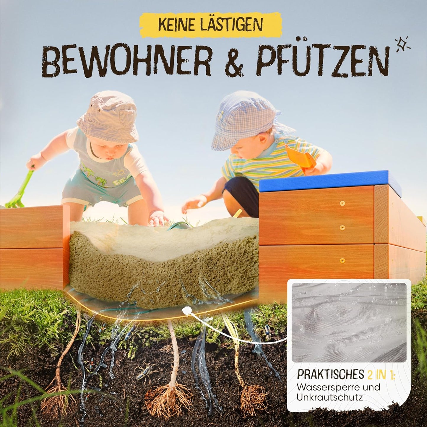 Holz-Sandkasten mit Abdeckung und Bodenvlies, M - 120x120cm