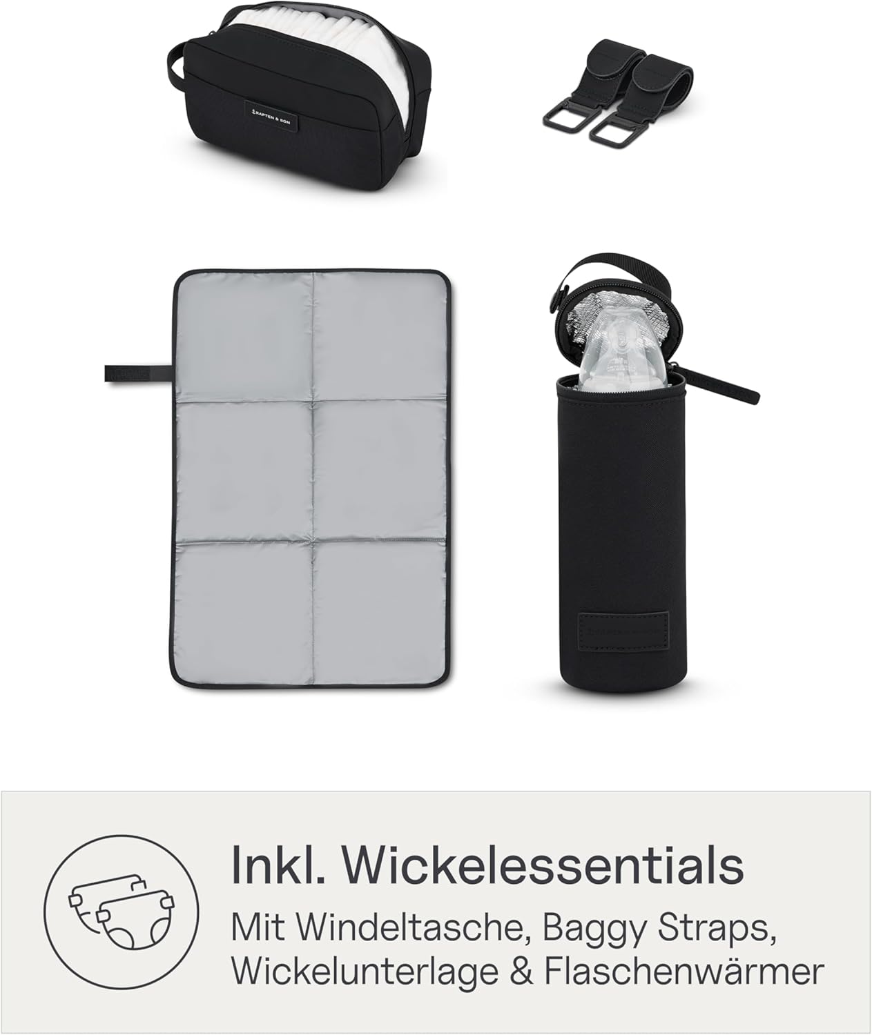 Shopper Wickeltasche mit Kinderwagenbefestigung, All Black 25 L