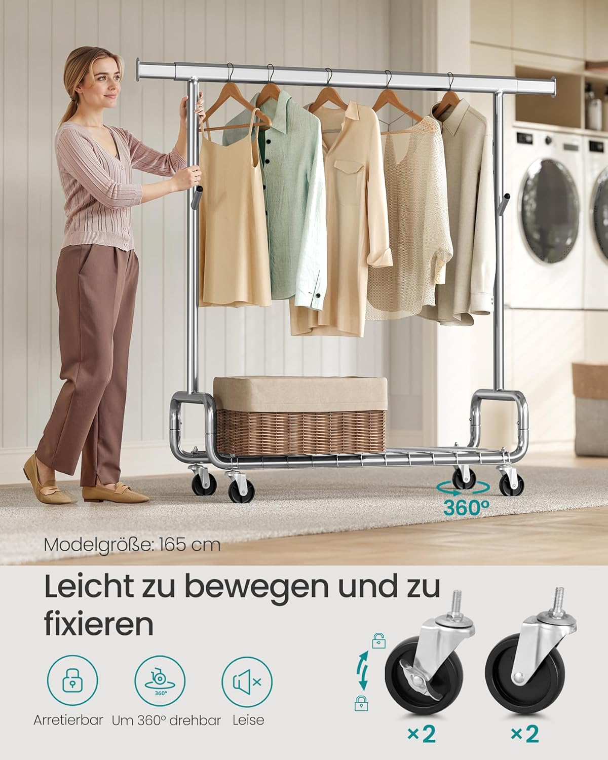 Kleiderständer mit Rollen und ausziehbarer Stange, Silbern Einzelstange