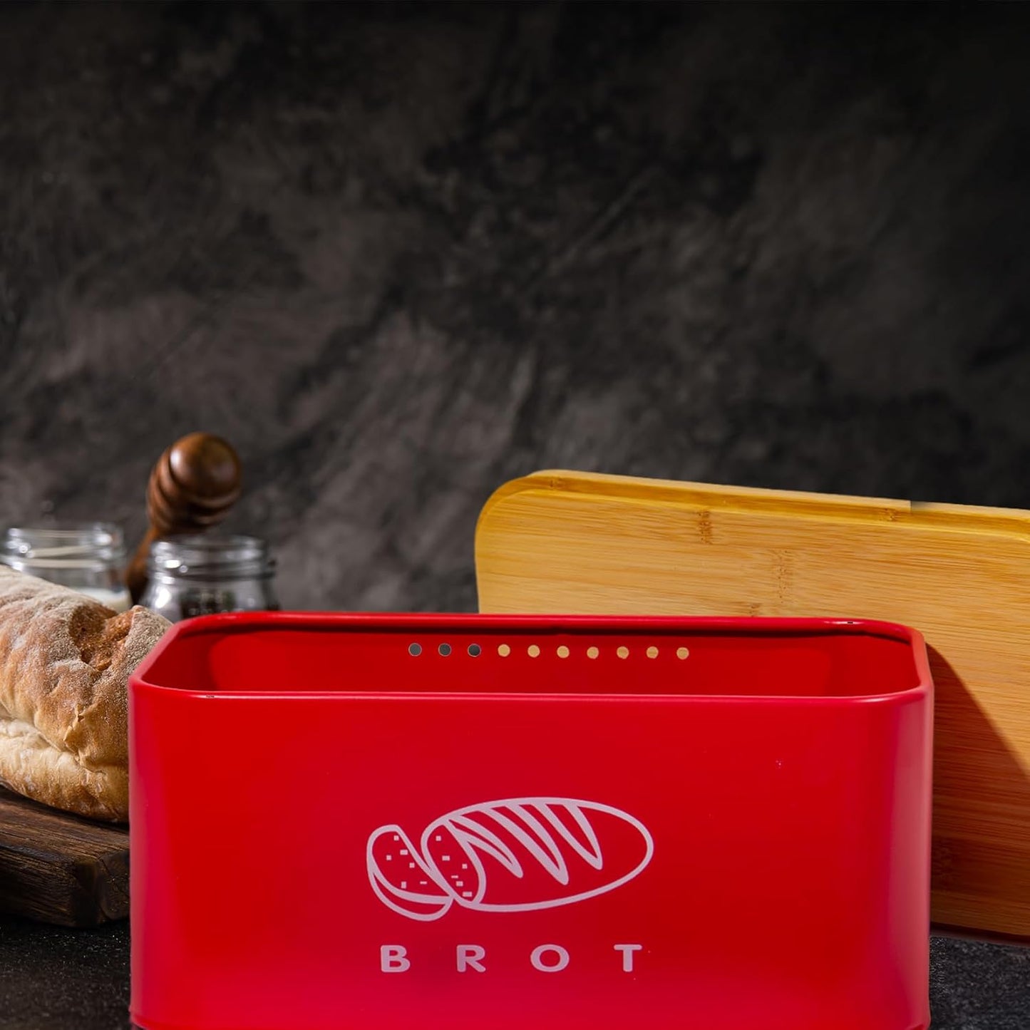 Retro Brotkasten mit Bambusdeckel und Schneidebrett-Funktion, Rot-30cm