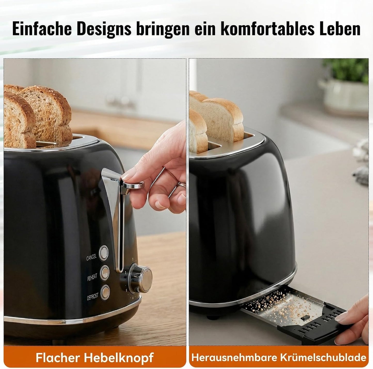 Retro Edelstahl Toaster mit breitem Schlitz (2 Scheiben)