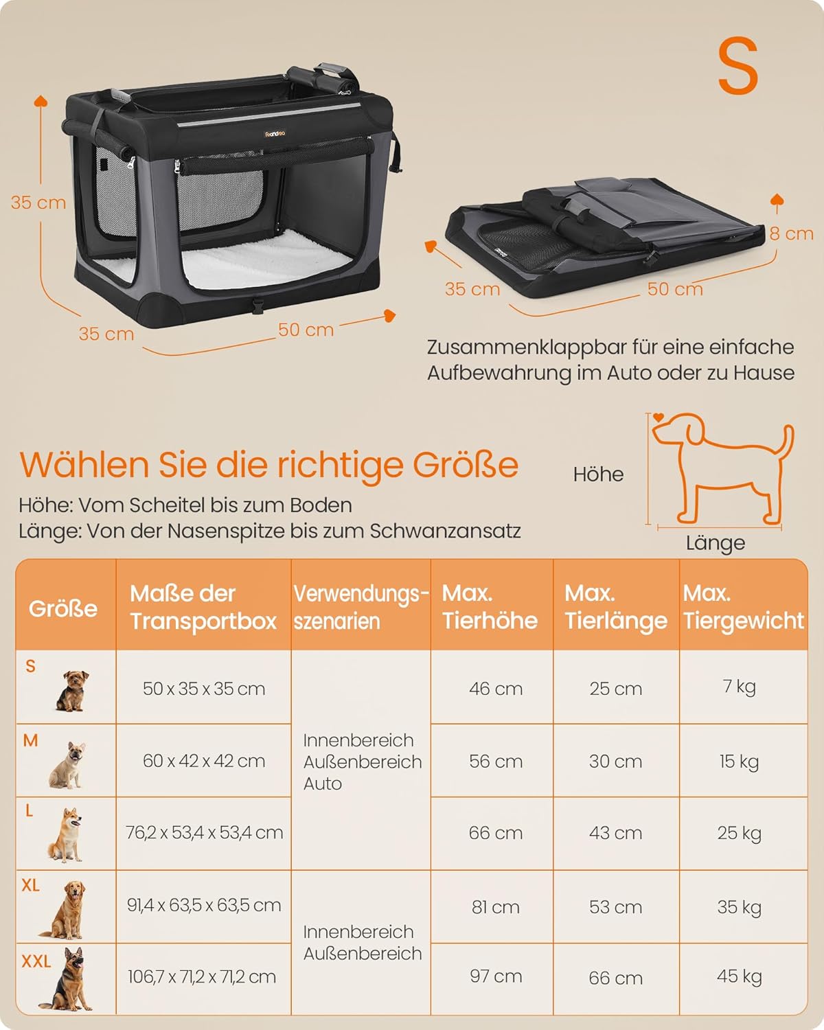 Faltbare Hundetransportbox mit Netzfenstern (50 cm), S (50 x 35 x 35 cm)