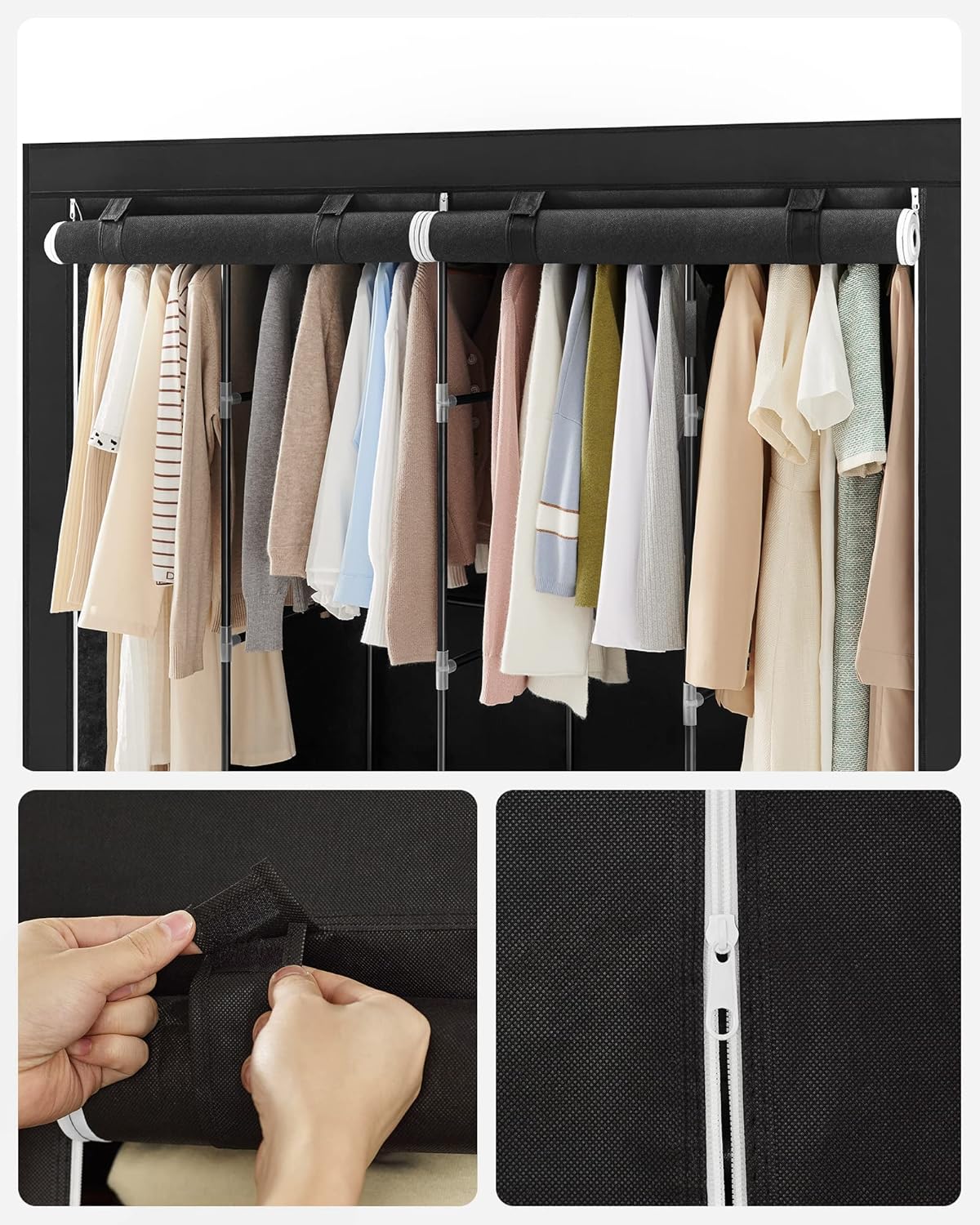 Stoffschrank mit 4 Hängefächern und Ablagen, 45 x 170 x 167 cm Schwarz