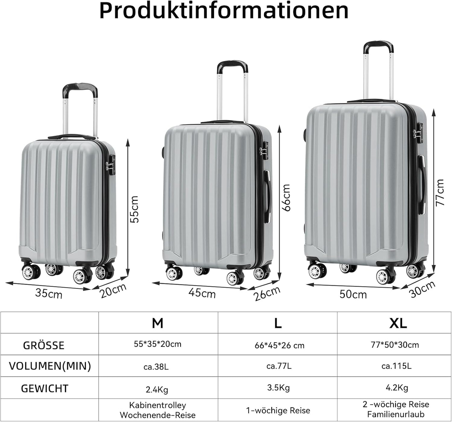 3-teiliges Reisekofferset 2080, Silber