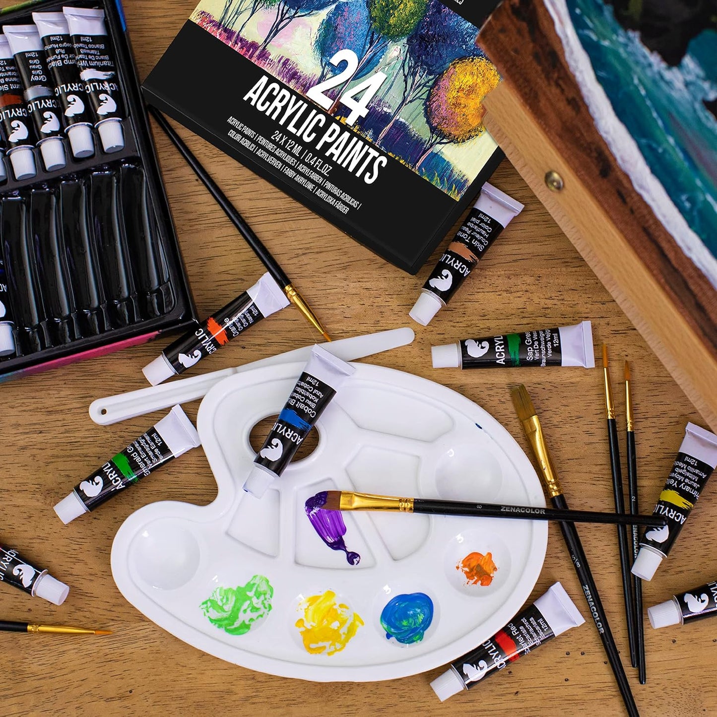 34-teiliges Acrylfarbe-Set mit Tischstaffelei