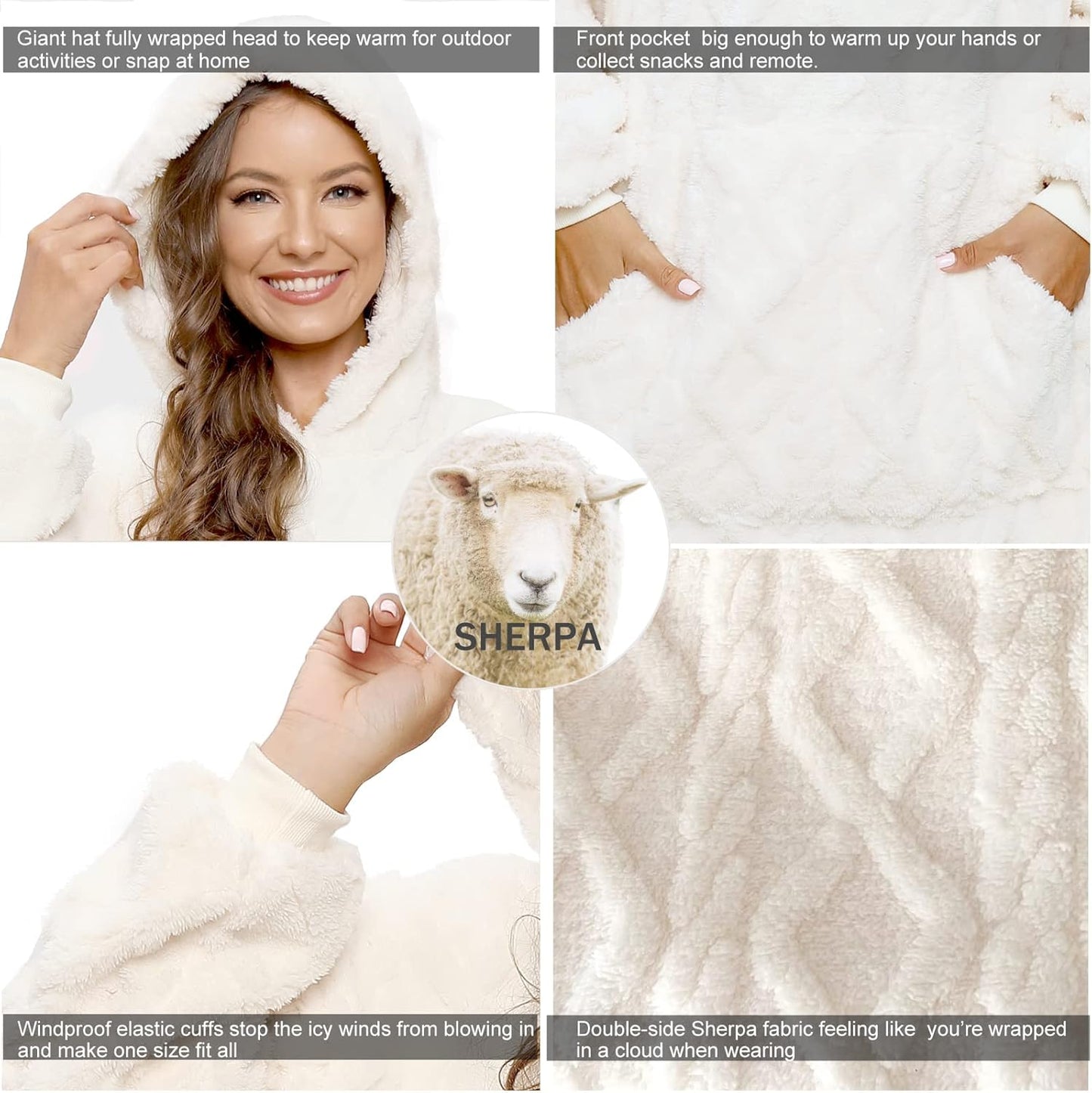 Sherpa-Decke mit Kapuze, Einheitsgröße Jacquard Milchweißer