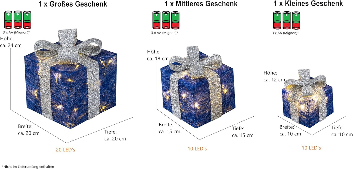 3er-Set LED-Weihnachts-Deko-Boxen mit Timer, Blau-Silber