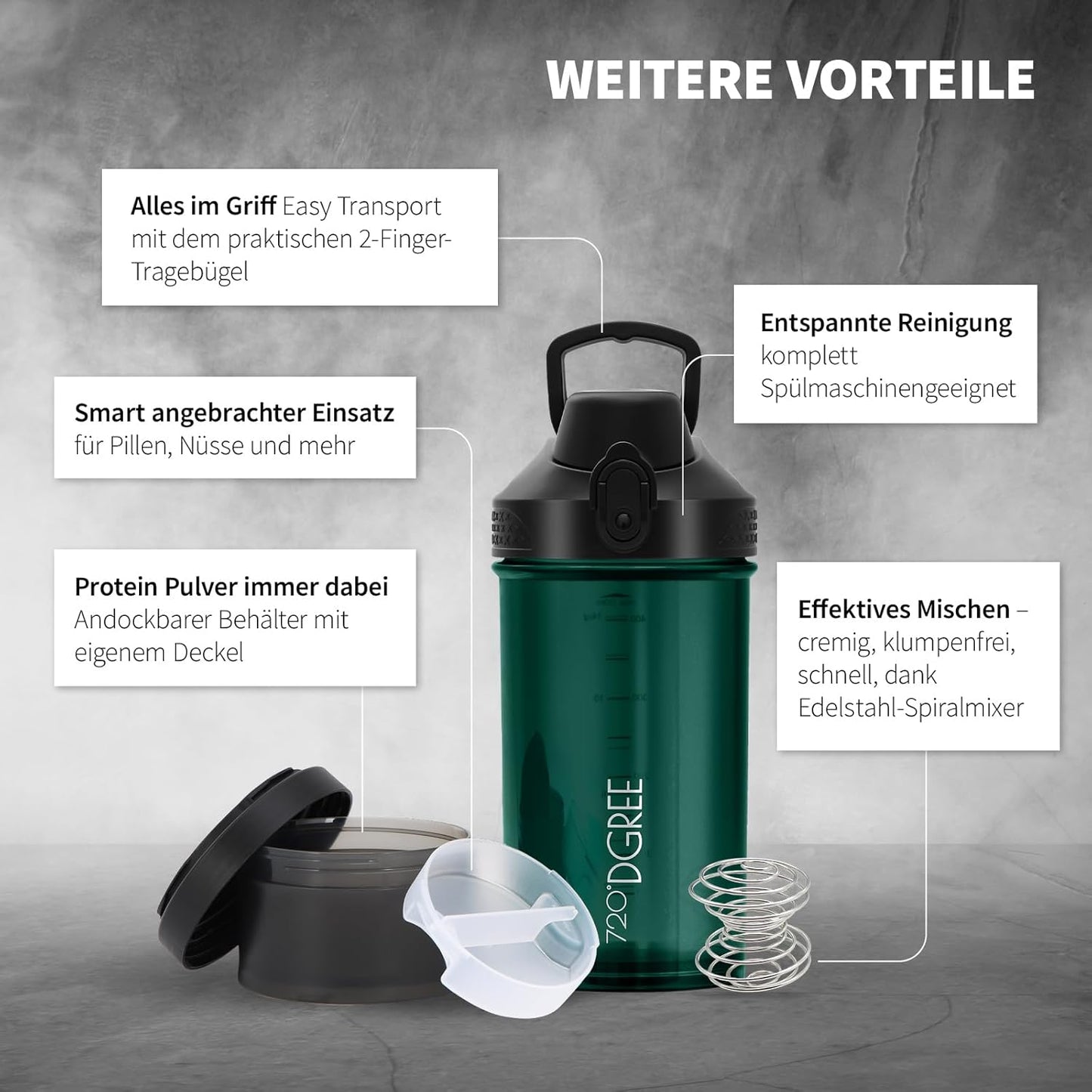 Proteinshaker mit Pulverfach, Emerald Green - Grün inkl. Container