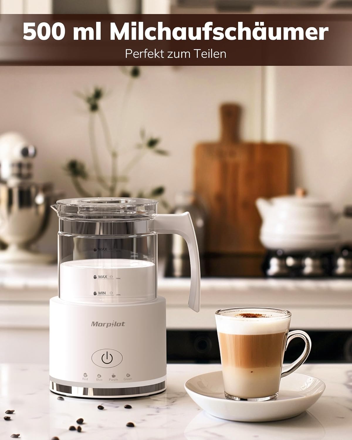 Elektrischer 4-in-1 Milchaufschäumer, 500ml Glas+weiss
