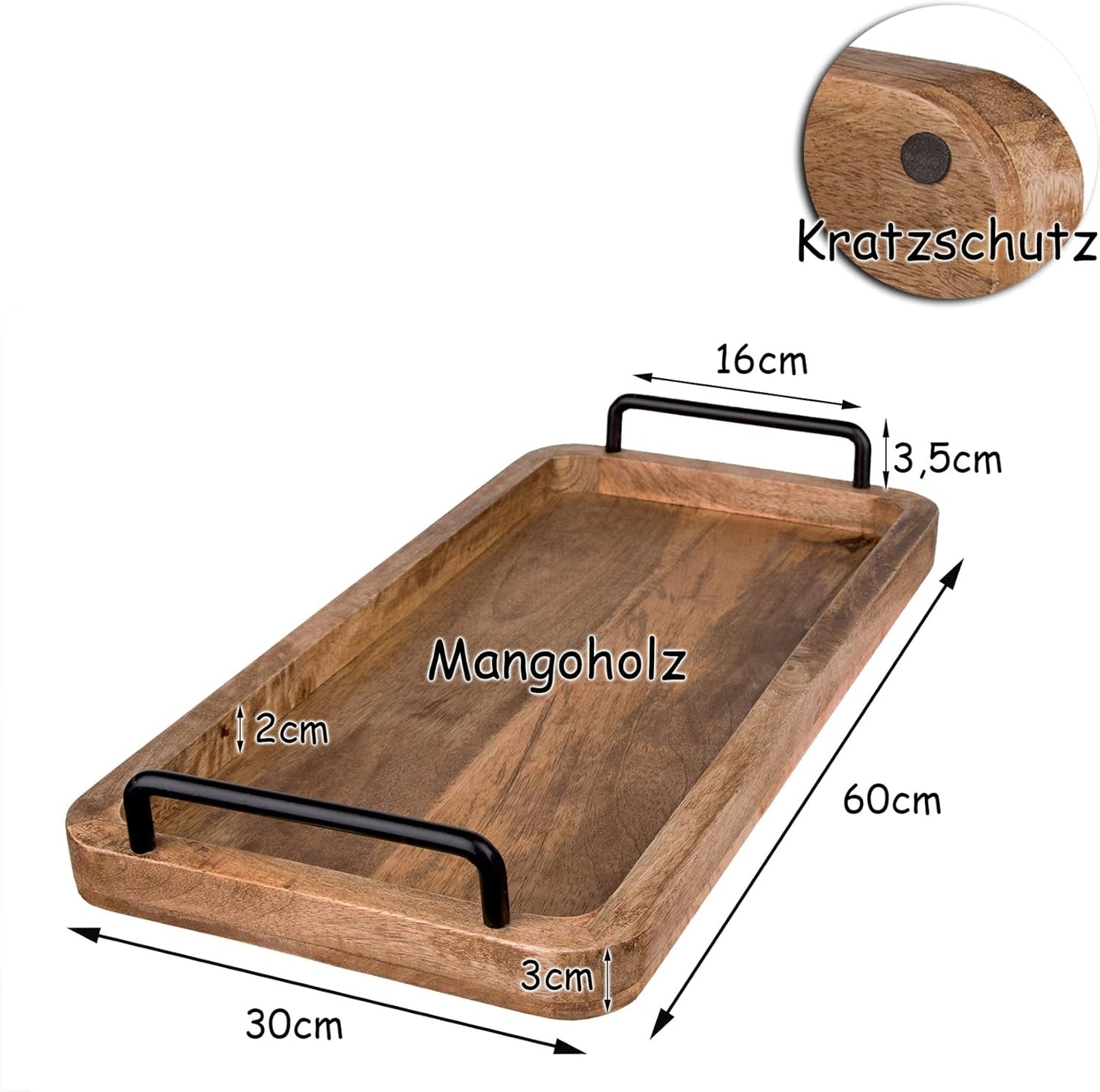 Serviertablett aus Mangoholz mit Metallgriffen, 60 x 30 x 3 cm