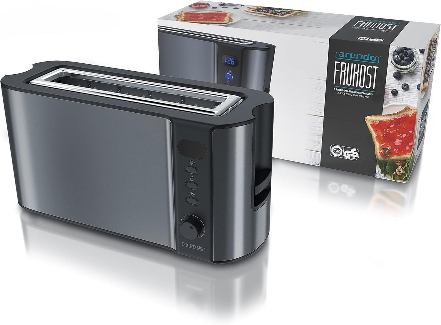 Langschlitztoaster Frukost mit Brötchenaufsatz und LCD Display, A: Cool Grey
