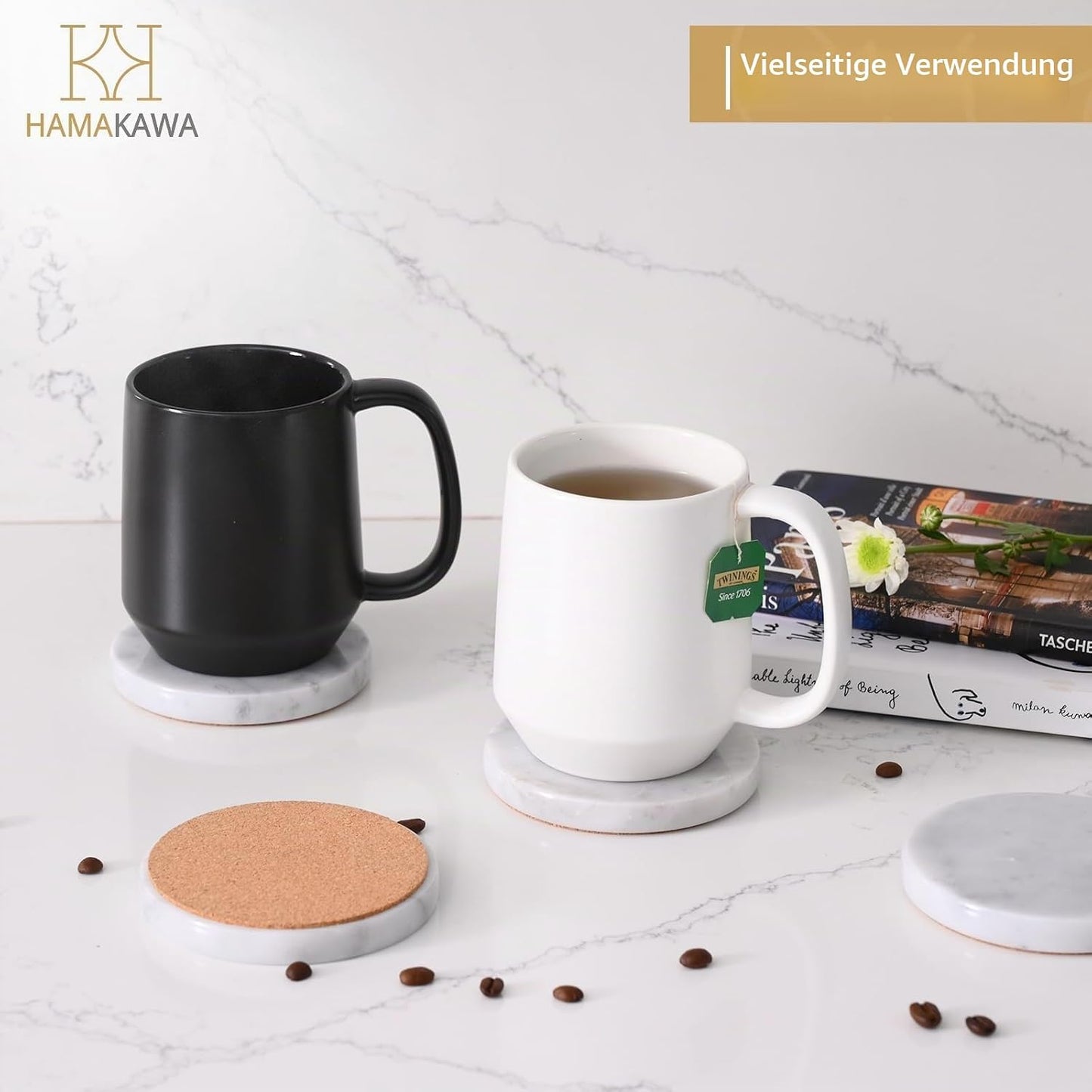 4er-Set Untersetzer für Getränke, 10 cm - Rund Carrara-weiss