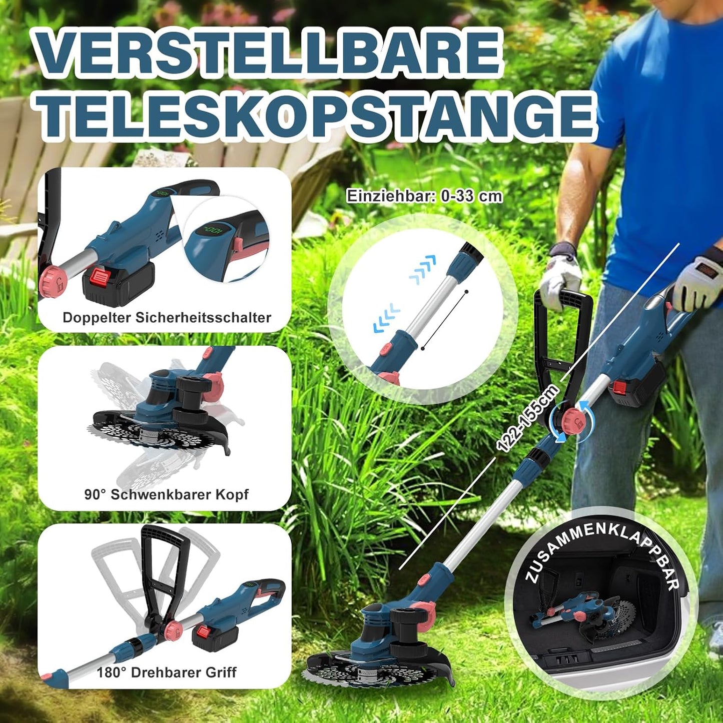2-in-1 Rasentrimmer/Kantenschneider HY-15 mit Akku, Blau