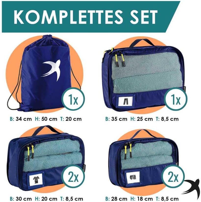 6-teiliges Packwürfel-Set mit Kompression, Blau 6-teiliges Set