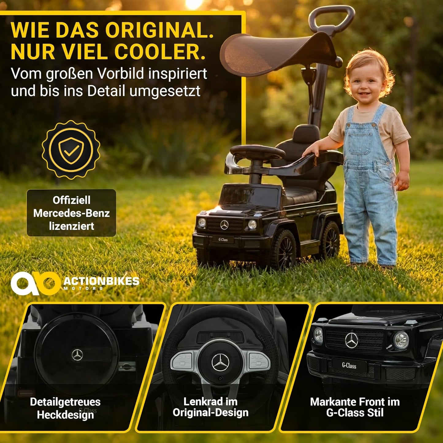 3in1 Rutschauto Mercedes G350d mit Schiebestange, Schutzbügel & Sonnendach, Schwarz 3in1