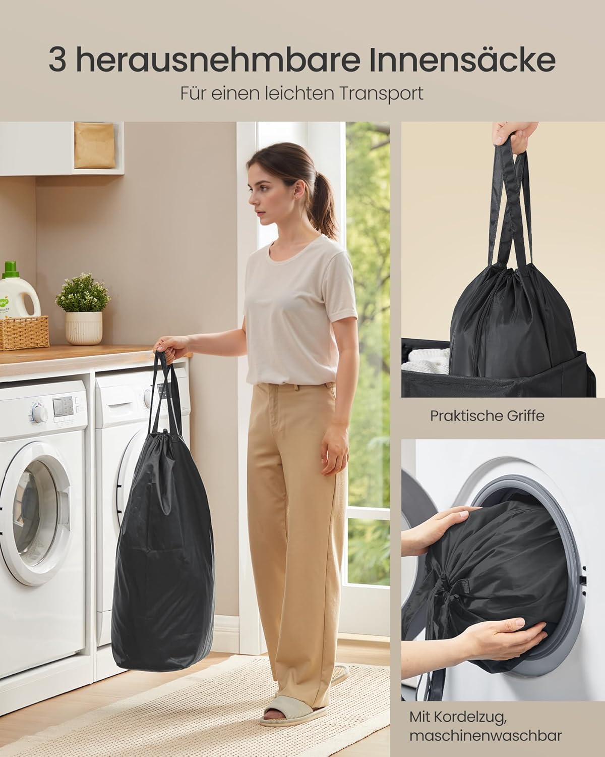 Wäschekorb mit 3 Fächern, 160 L Tintenschwarz
