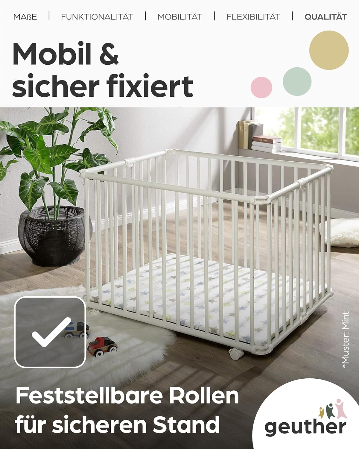 Höhenverstellbares Baby-Laufgitter Lucilee, Mint 76 cm x 97 cm Weiss