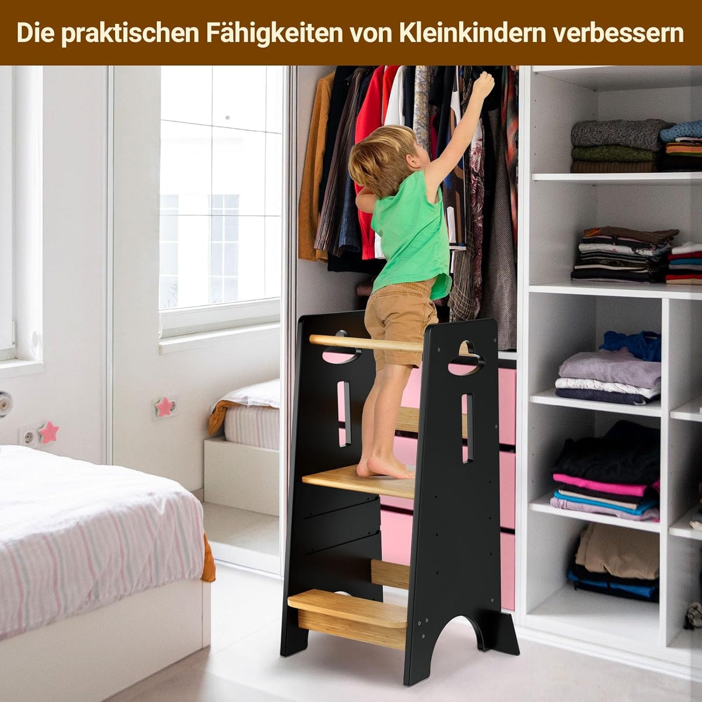 Höhenverstellbarer Lernturm, 80 x 45 x 40 cm Holzfarbe und Schwarz