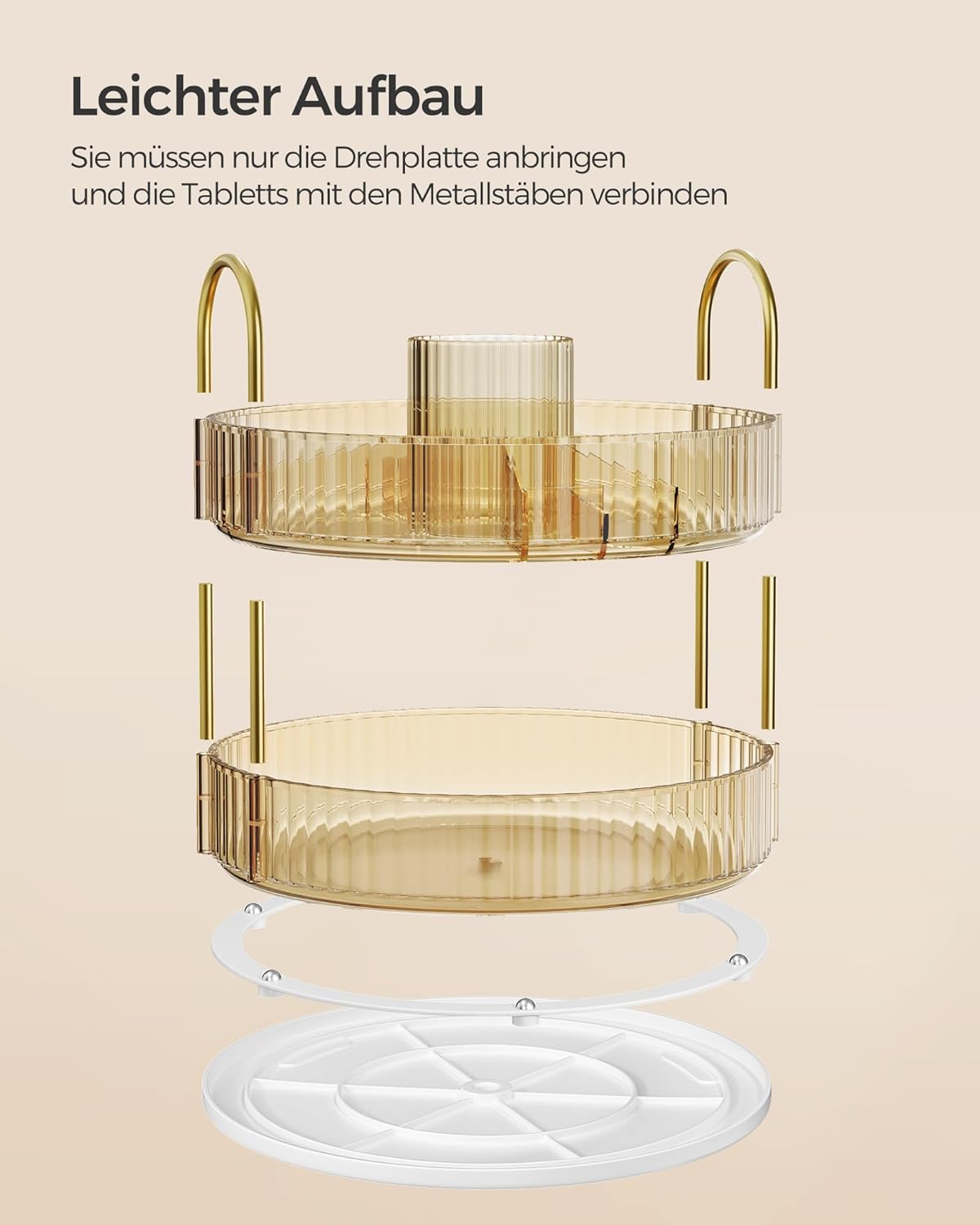 Drehbarer Make-up Organizer mit 2 Ebenen, Modell JKA012A01, Champagnergold 2 Ebenen (31H cm)