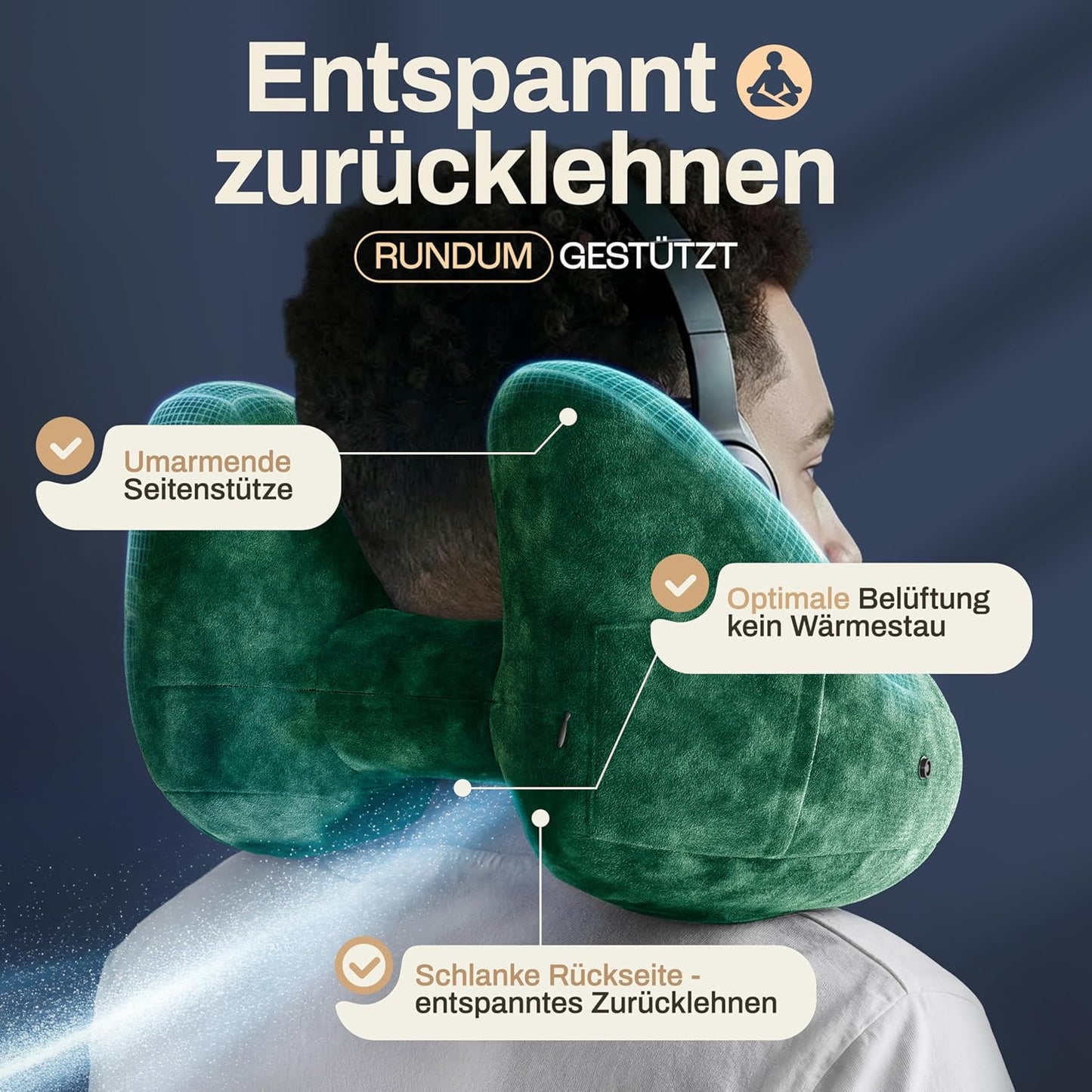 Aufblasbares Nackenkissen mit abnehmbarer Kapuze, Grösse L, Grün Gross - passt den meisten