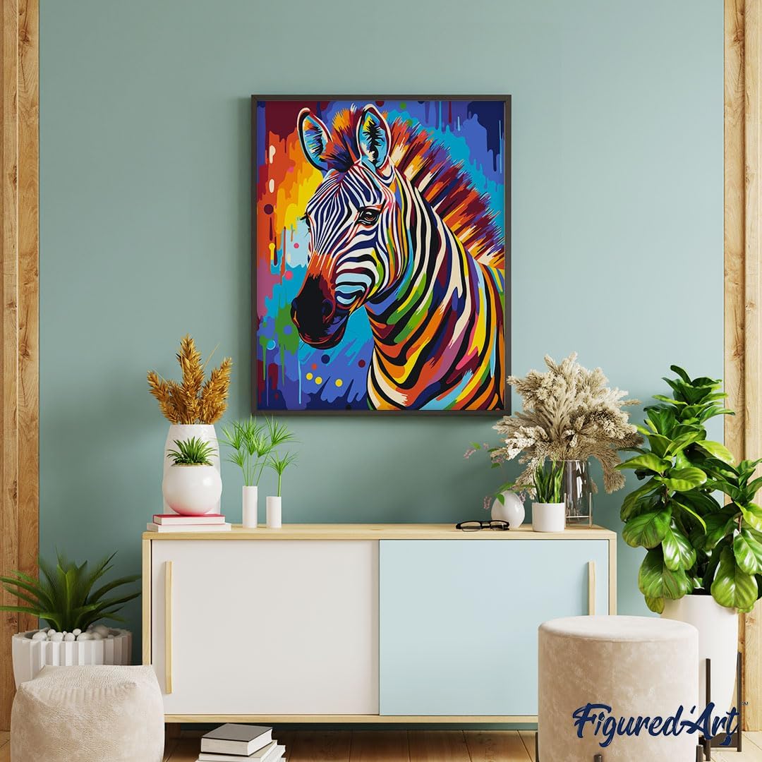 Malen nach Zahlen - Abstraktes farbenfrohes Zebra, Zebra Farbenfroh Abstrakt 40x50cm Mit Rahmen (bereits gespannt)