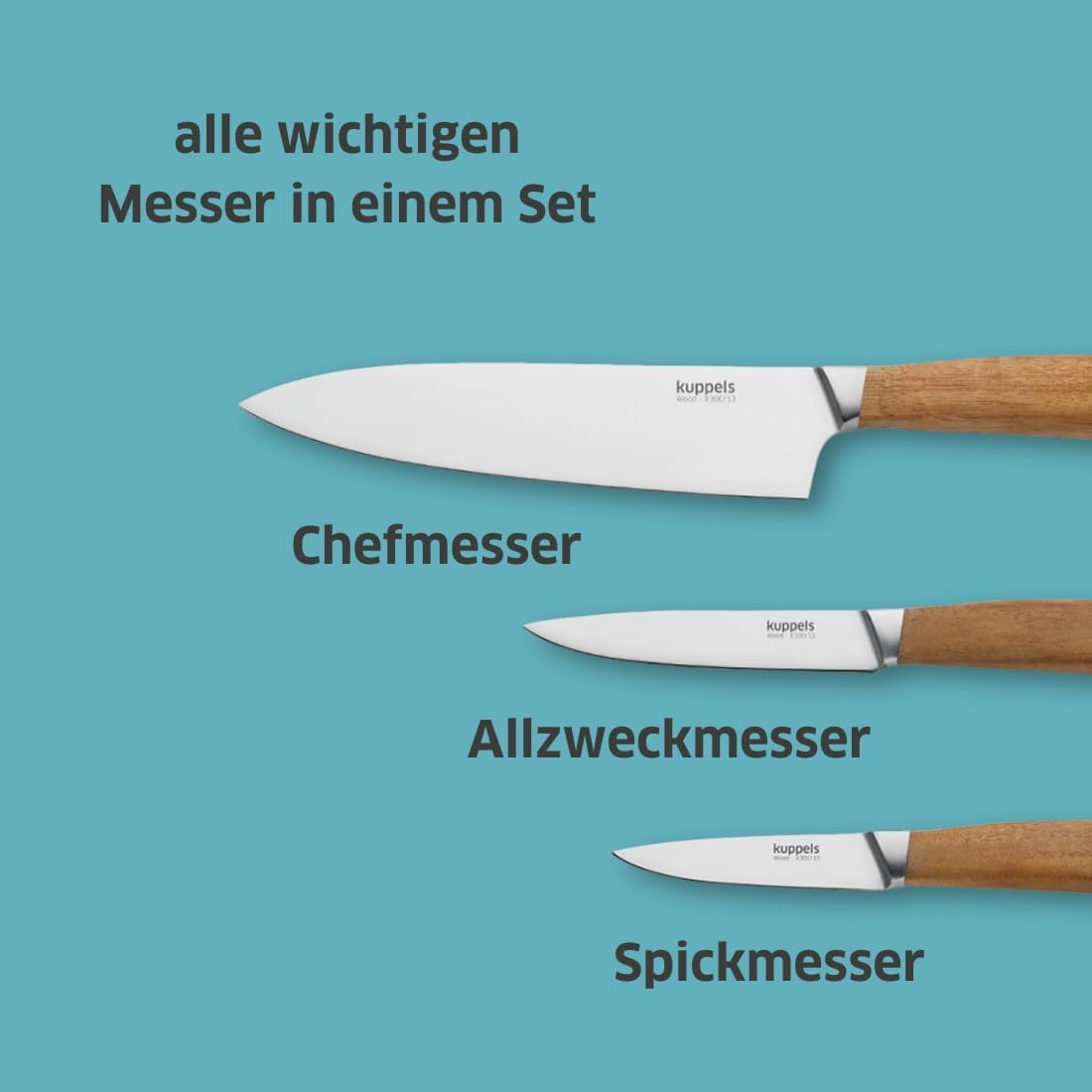 WOOD Küchenmesser Set 3-teilig, Akazienholz, Messer Set, 3-teilig