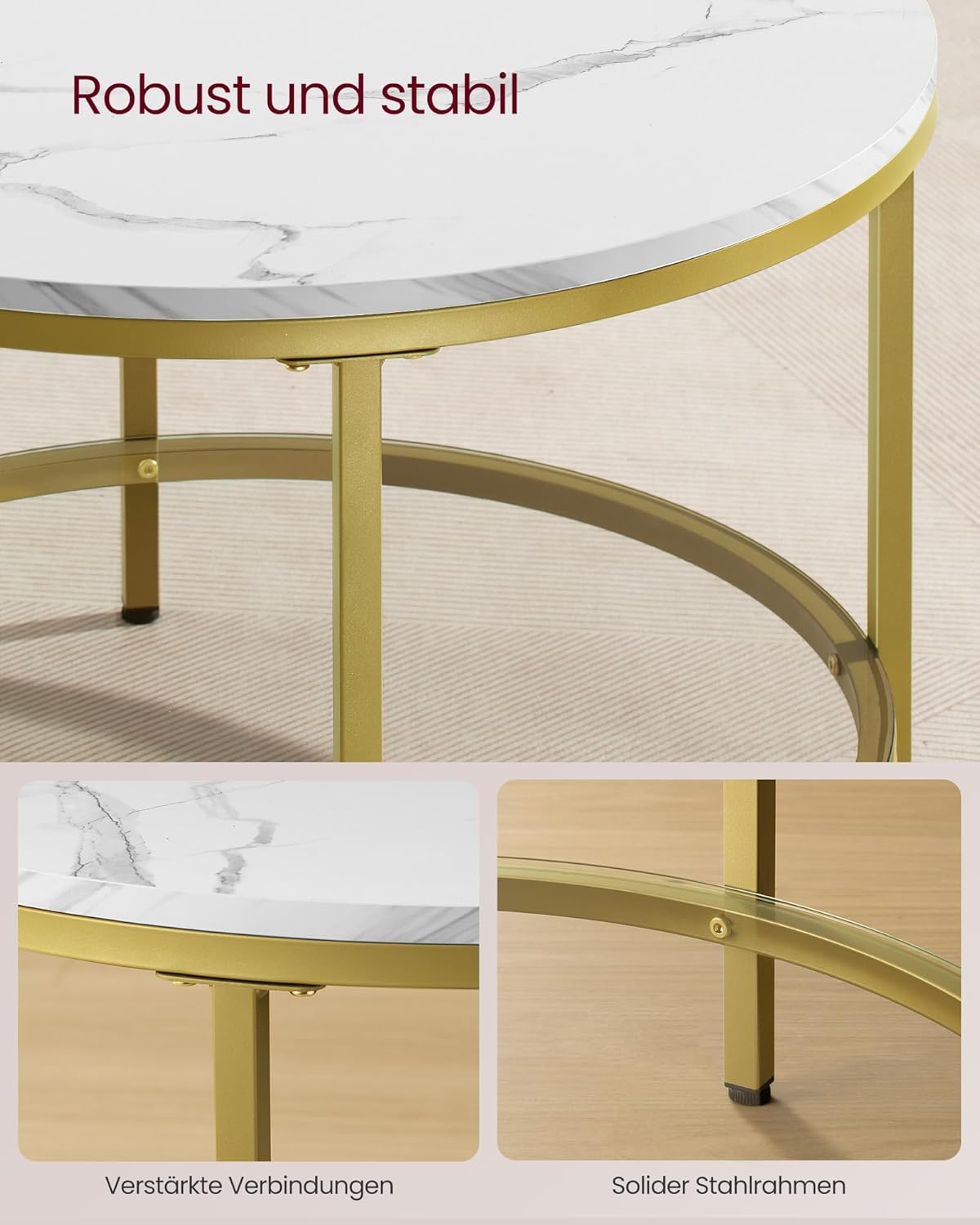 Couchtisch mit Glasplatte, 65d cm Marmorweiss + Helles Gold
