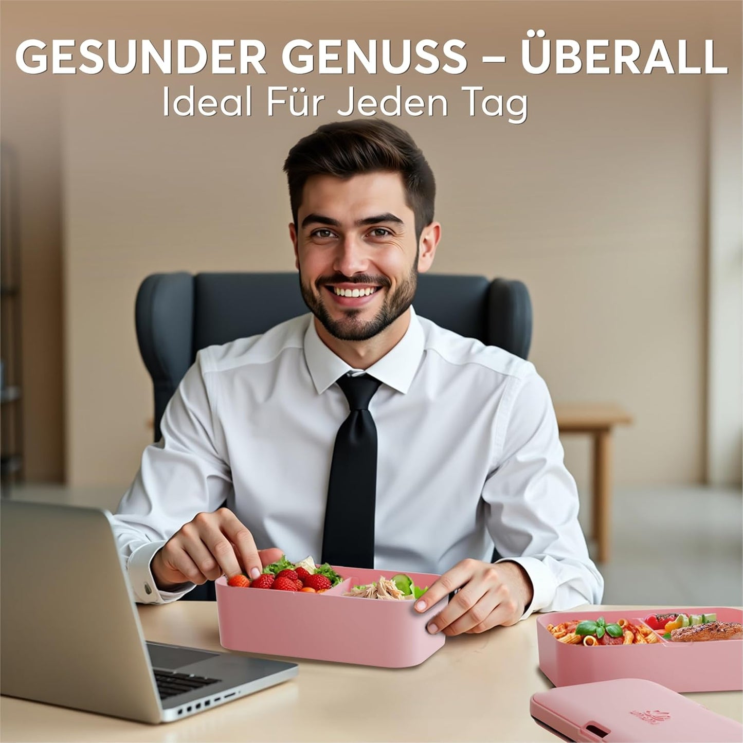 Auslaufsichere Bento Lunchbox mit Besteck & Fächern, Korallenrosa L - 1500 ml